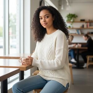 Faded Glory Womens Ivory Metallic Shimmer Cotton Crew Cable Knit Sweater L EUC